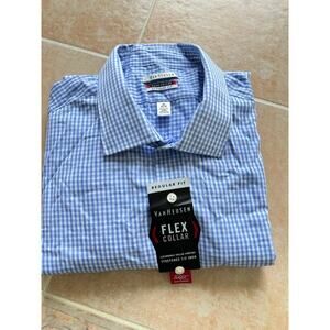 New! Van Heusen Flex collar regular fit Blue plaid Wrinkle free ‎ Men 18-34/35